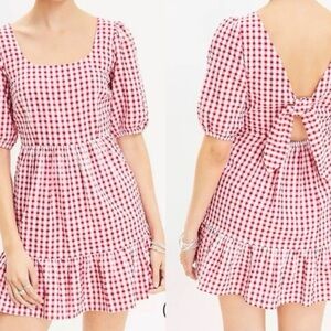 LOFT Gingham Tie Back Flounce Swing Cotton Dress Size 2 Petite